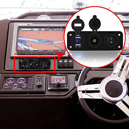 FXC 4 in 1 Marine Switch Panel, 12V 4.8A Dual USB Charger Socket Power Outlet & LED Voltmeter & Cigarette Lighter Socket & LED Lighted ON Off Rocker Toggle Switch for Truck Car Marine Boat RV