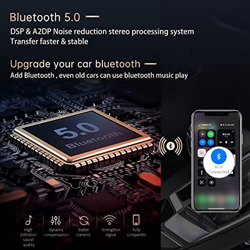 Bluetooth 5.0 Car Change Radio Receiver with 2 Stronger Microphones, 41W PD QC 3.0 USB Car Charger, Aux in/Out Wireless Audio Music Adapter, with Hands Free Calls and Voice Assistant