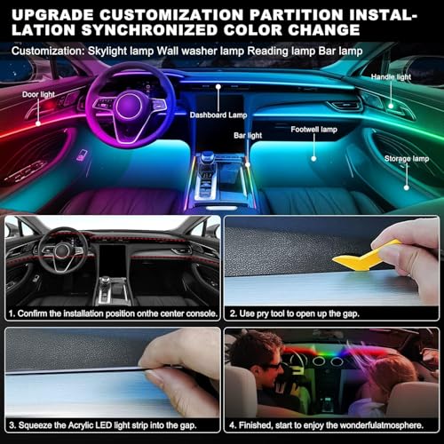 Dreamcolor Acrylic Interior Car LED Strip Light with APP Remote Control, RGB 4 in 1 with 116 inches Fiber Optic Strip Lights for Car, Dynamic Chasing Music Sync Neon Car Ambient Lighting Kits
