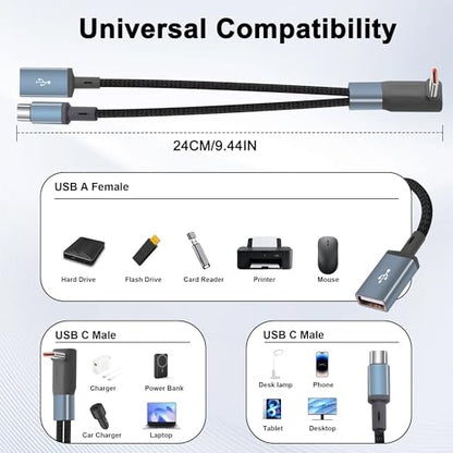Right-Angle USB-C Splitter Cable 1-in-2-Out,Short USB-C Male to Type-C + USB-A Y-Splitter Cable,2-in-1 USB C Charging Extension Adapter Cable for Power Bank,Phone,USB Drive–24cm