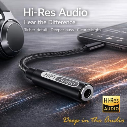 USB C to 3.5mm Hi-Res Audio Adapter, Built-in DAC, Type C to Aux Headphone Jack, Studio Quality Sound, Supports Calls, Compatible with iPhone 15 16 17, Samsung Galaxy S25 S24 S23, MacBook, iPad, Pixel