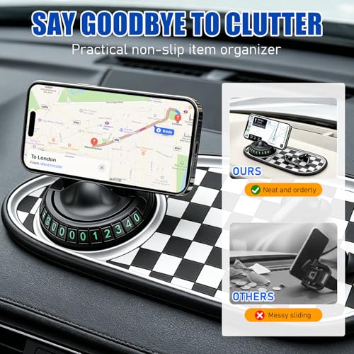 Multifunctional Car Anti Slip Mat with 360° Rotating Phone Holder, Dashboard Organizer for Sunglasses & Keys, Includes Temporary Parking Number Plate - Car Accessories for Women (Black-Gray)