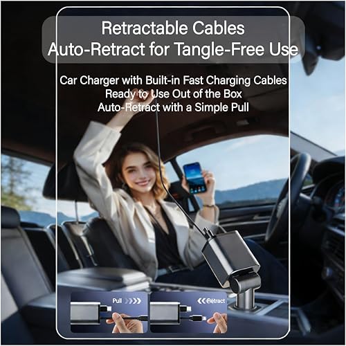 4-in-1 Retractable 30W Fast Car Charger, Dual USB-C Lightning Cable, 180° Adjustable Ambient Light 12V-24V