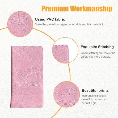 Kewucn Car Registration and Insurance Holder, Leather Auto Glove Box Organizer with Magnetic Shut, Vehicle Compartment Accessories Case for Cards, Driver License & Essential Documents - color: Large-Pink