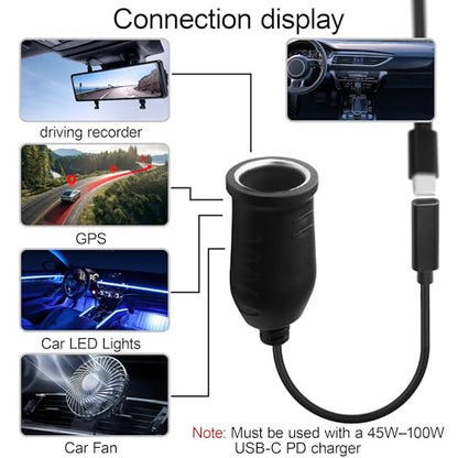 USB C to Cigarette Lighter Adapter Type-C Socket Charging Cable,Compatible with Dash Cam,GPS,Car LED Lights (15V Type-C Female to Cigarette Lighter Socket Charging Cable, 0.2M/0.65FT) - size: 0.2M/0.65FT, style: 15V Type-C Female to Cigarette Lighter Sock