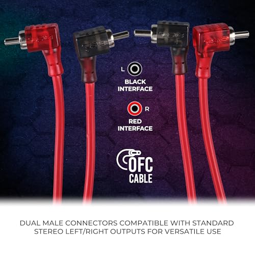 DS18 R12.L 100% Oxygen Free Copper OFC Ultra Flex 2-Channel RCA with 90 Degree Ends - Dual Twist Wire Noise Reducing Audio Cable for Amplifiers, Subwoofers, Speakers - 12 FT