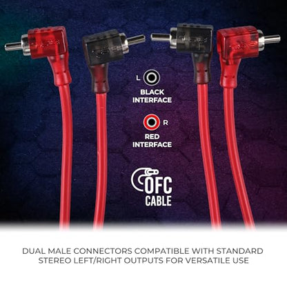 DS18 R12.L 100% Oxygen Free Copper OFC Ultra Flex 2-Channel RCA with 90 Degree Ends - Dual Twist Wire Noise Reducing Audio Cable for Amplifiers, Subwoofers, Speakers - 12 FT