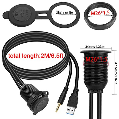 QIANRENON USB3.0 & 3.5mm Audio Threaded Fixed Embedded Car Waterproof Cable 5Gbps TRS 3.5mm & USB3.0 Dashboard Panel Mount Extension Cable, LED Lights, Al Housing, for Car Boat Motorbike,2M/6.5ft
