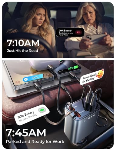 LISEN Retractable Car Charger, [2026 Upgrade 50 inch ] Long 4 in 1 Retractable Cable Car Charger, USB C Car Charger Fast Charging for iPhone 17 16 15 14 13 12 11 X Pro Max Plus Mini, Samsung S26 - color: Grey, size: 50 Inch