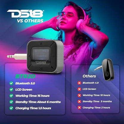 DS18 BTR2D 2 in-1 Wireless Bluetooth 5.0 Transmitter Receiver for Car, Home, TV, PC, Headphones - Dual Devices Simultaneously - up to 12HR Usage - Wireless Audio Adapter 3.5mm Aux with LCD Screen