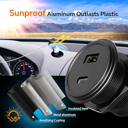 12V USB Outlet Wall Mount Aluminum PD3.0 and QC 3.0 Waterproof Dual Port DC 12~24V Socket USB C Cigarette Lighter Replacement for Boat RV Camper Trailer Truck Golf 2Pcs