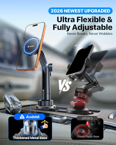 andobil Upgraded Cup Holder Phone Holder for Magsafe, [Strongest Magnet & Adjustable] Cup Phone Holders for Your Car Truck SUV, Cell Phone Car Mount Fits iPhone 17/16/15/14/13 Pro Max (Carbon Fiber) - style: Magnetic-Black