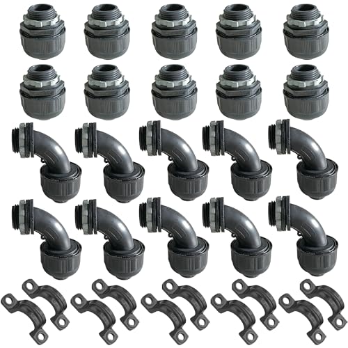 (1/2" Conduit Parts 30 Pack) Yariwiz 1/2 Black Special Extra Flexible Plastic Liquid Tight Conduit Connector Kit, Include 10 Conduit Couplings, 10 Conduit 90 Degree Elbows, 10 Conduit Strap - style: 1/2 inch Part Kits-30 Pack