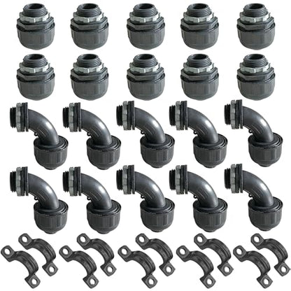 (1/2" Conduit Parts 30 Pack) Yariwiz 1/2 Black Special Extra Flexible Plastic Liquid Tight Conduit Connector Kit, Include 10 Conduit Couplings, 10 Conduit 90 Degree Elbows, 10 Conduit Strap - style: 1/2 inch Part Kits-30 Pack