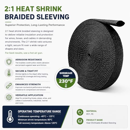 2:1 Heat Shrink Braided Sleeve 3/4 inch 20FT, Automotive Wear-Resistant Fabric Flat Woven Tubing, Flexible Abrasion Protection Sleeving for Wiring Harness, Cable Sheath, Wires & Hoses Protection - size: 20mm-3/4" I.D x 20FT