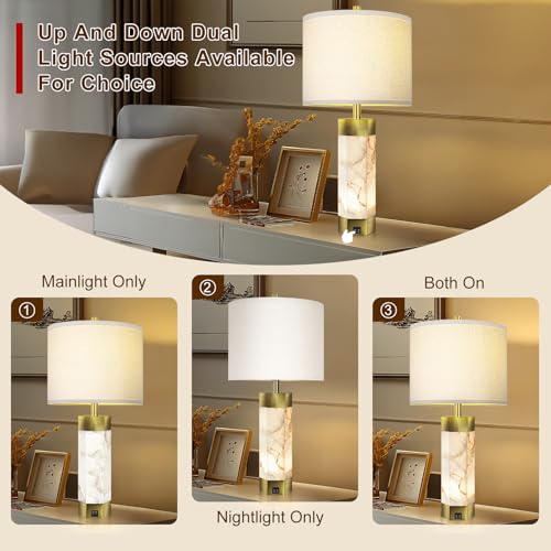 Scenekoy 27" Alabaster Table Lamps Set of 2,Table Lamp with Night Light - color: Pure White
