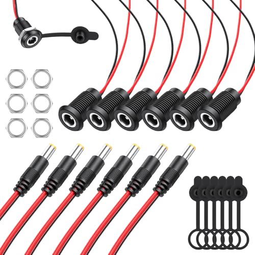 6 Sets Dc Power Jack Panel Mount Socket, Threaded Female Panel Mount Sockets Adapter with Dust Caps 2 Pin Solder Type with Dustproof Plug Connector 18awg Wire for Mp3 Phone Audio Video