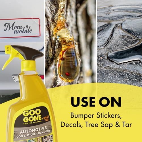 Goo Gone Automotive Adhesive Remover, Goo & Grime Cleaner for Bumper Stickers, Decals, Tree Sap, Brake Dust, Bird Droppings, Gum, Spray Paint, Asphalt, 24 oz with MicroFiber Buffing Towel - size: 24 Fl Oz (Pack of 1)