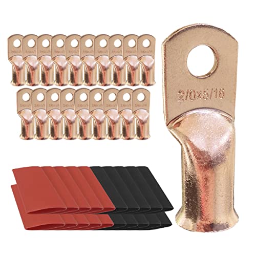 10pcs 2/0 AWG-5/16 Ring Battery Lugs, Copper Lugs, Battery Cable Ends, Tubular Ring Terminals, Crimp Wire Ring Lugs, Battery Terminal Connectors with Heat Shrink Tubing (10, 2/0 Awg - 5/16" (M8) Ring) - size: 2/0 Awg - 5/16" (M8) Ring