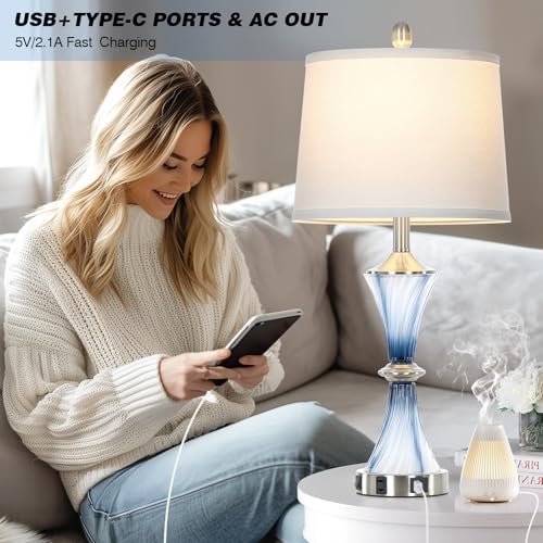 Rinweey Blue Glass Table Lamp Set of 2 with USB C+A Ports & AC Outlet, Bedside Lamp, Modern Bedroom Lamps, Coastal Lamp for Night Stands Bedroom Living Room,Nightstand Lamp LED Bulbs Included - color: Blue