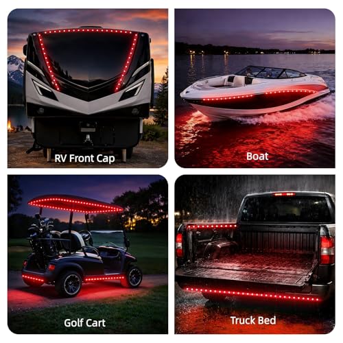 12V Marine Boat LED Light Strip Super Bright, 2 Pack 2FT IP68 Fully Waterproof RV Front Cap Lights, Golf Cart Underglow Roof Lights Strip for Truck ATV UTV SUV Car Pickup Trailer, Cuttable, Red - color: Red, size: 2FT