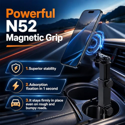 Car Cup Holder Phone Mount,Any car Model 360°Adjustable N52 Magnetic Stand,one-Handed Operation,Suitable for All Smartphones (Black,1Pcs)