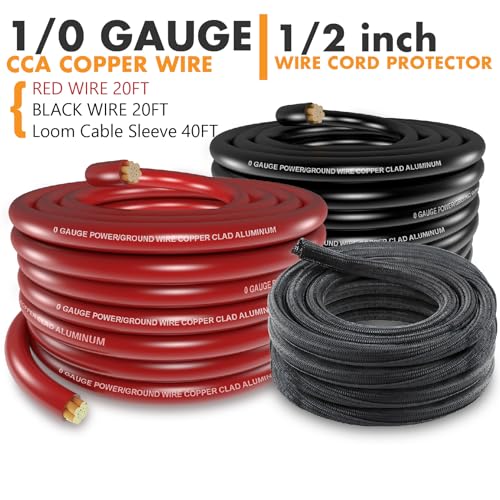 Jeemiter 1/0 Gauge CCA Wire Kit - Power/Ground Cable (40FT Black/Red),Battery Wire with 250A ANL Fuse,1/2 Inch Cable Split Sleeving,Lugs,Heat Shrink Tubing | for Car Audio Systems,Big 3 Upgrade - size: 40FT Wire + ANL Fuse + Cable Sleeve
