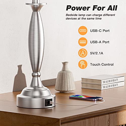 Bedroom Lamps for Nightstand, 3 Way Dimmable Silver Bedside Lamps with USB - color: C. Beige Shade & Nickel Base, size: Medium（22.5 In）