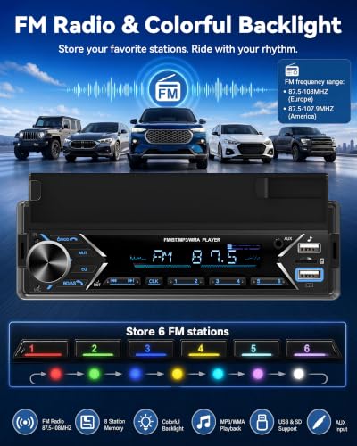 Single DIN Car Stereo Bluetooth Car Radio with FM/MP3/AUX Dual USB SWC Colorful Lights Phone Holder & Wireless MIC