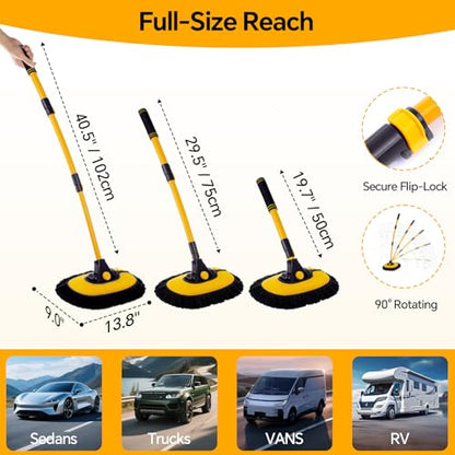 7 in 1 Car Wash Kit with 20L Folding Bucket & Brush, Extendable Car Wash Brush with 40.5" Long Handle, 15° Curved Aluminum Pole, Scratch-Free Microfiber Chenille Mop for SUV Truck RV, Yellow - color: Yellow