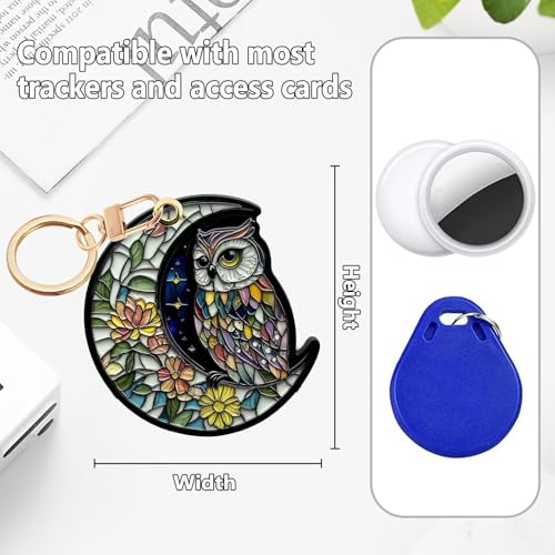 Owl Leather Keychain Case Holder,GPS Tacker With Keychain Ring,Stained Glass Style Access Card Scratch-Resistant,Finders Accessories For Pets, Luggage, Wallet, Backpacks - color: Owl