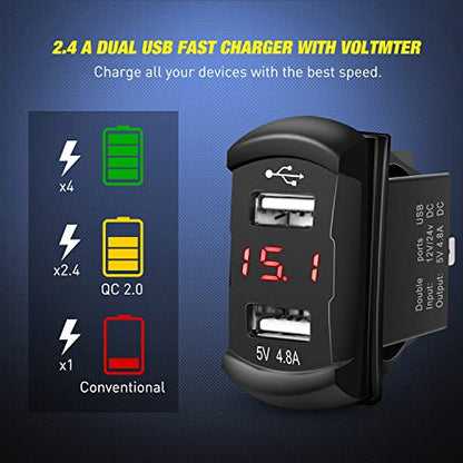Nilight 3 Gang Rocker Switch Panel Green Backlit with 4.8 Amp Dual USB Charger Voltmeter Waterproof 12V 24V DC Night Glow Stickers for Cars Trucks Boats RVs - color: Red, size: 4 Gang Dual USB