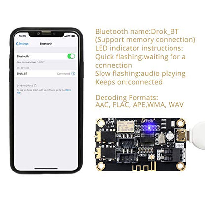 DROK Blue~Tooth Board, 12V Audio Receiver Blue~Tooth Module DC 5V-12V Portable Wire~Less Electronics Stereo Music Receive Circuit Chip with Micro USB Port for Headphone Speaker Home Sound System DIY