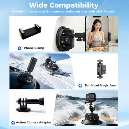 4.5" Electric Camera Suction Cup Mount with Ball Head Arm & Adapter, Heavy-Duty Metal Car Mount for Camera/Action Camera/Phone, 50KG Suction for Car Windshield/Boat/Window, 1/4" 3/8" Threads - size: 4.5 inch
