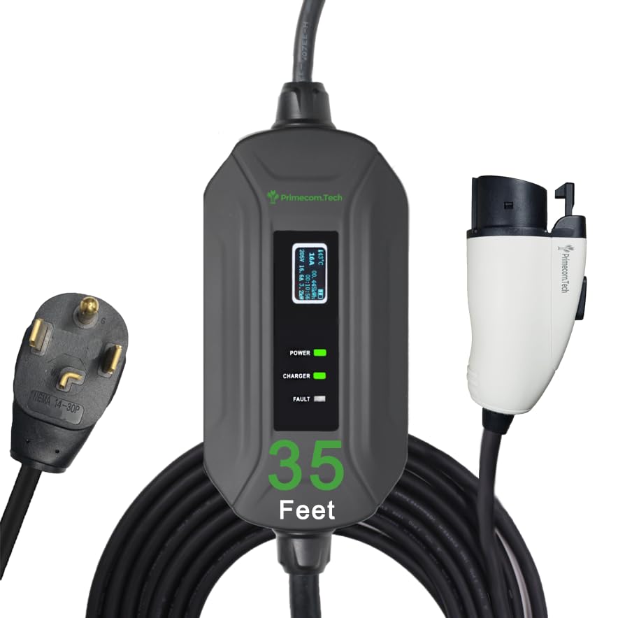 PRIMECOM Level 2 Electric Vehicle (EV) Charger (220V / 240Volt, 16Amp) Portable EVSE Smart Electric Car Charger, 30', 40', and 50 Feet Lengths (NEMA 14-30P, 35 Feet) - color: 14-30P, size: 35 Feet