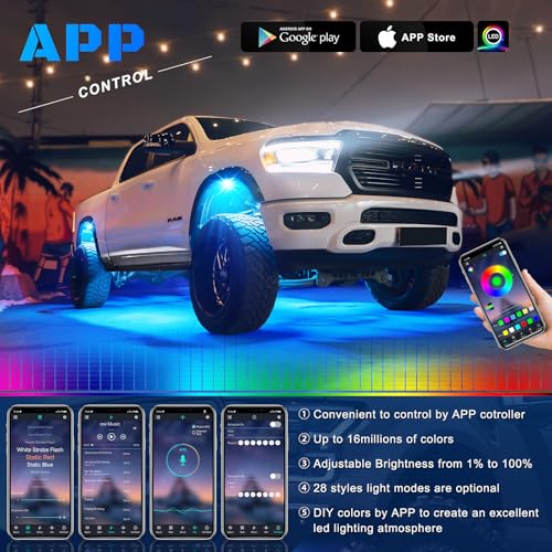 8 Pods RGB LED Rock Lights Kit with APP Control, Multi-Color 175° Beam Angle Car Underglow for Trucks, Waterproof Music Mode, Neon Underbody Lights for Jeep UTV SUV ATV Boat Golf Cart Exterior
