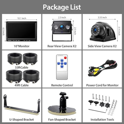 ZEROXCLUB 4 Wired Backup Camera System, 10" 1080P Monitor IP69K Waterproof Vibration-Proof 10G Rear Side View Camera, Quad Split Screen for Tractor, Truck, Trailer, Combine, Heavy Equipment, BH104 - size: 10"-4 Cam