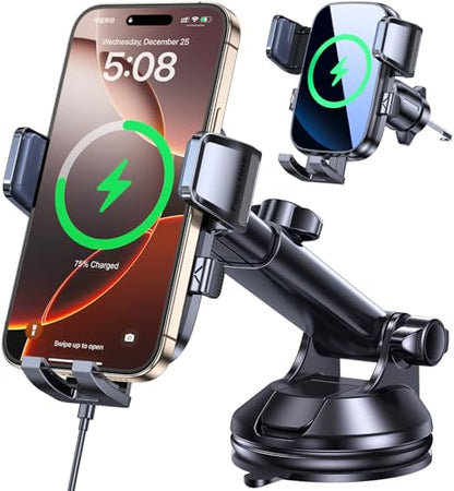 Coolpow Wireless Car Charger,15W Fast Charging for iPhone Wireless Charger【Military-Grade Stabilizing Arm Clamp】360° Adjustable Phone Holder Mount Car Phone Mount Charger for iPhone and Samsung Galaxy