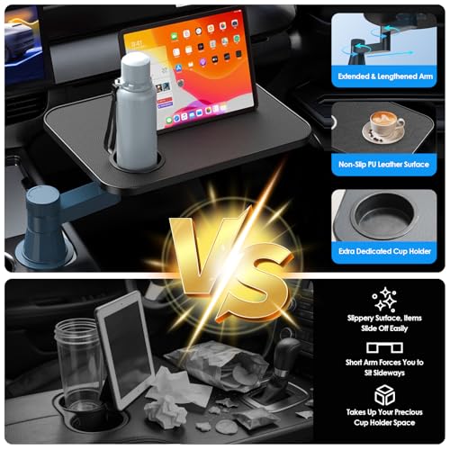 Car Tray& Car Desk for Laptop,Dual 360° Rotating,Anti Slip Leather Surface, Food Tray, Cup Holder Table Compatible with Tesla Model Y/3/S, Ford F150/Explorer/Maverick/Home Theater Seating (Black) - color: Black