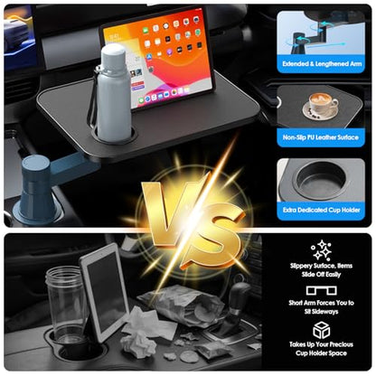 Car Tray& Car Desk for Laptop,Dual 360° Rotating,Anti Slip Leather Surface, Food Tray, Cup Holder Table Compatible with Tesla Model Y/3/S, Ford F150/Explorer/Maverick/Home Theater Seating (Black) - color: Black