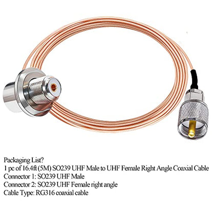 TUOLNK RG316 UHF PL259 Coax Cable, UHF Male to Right Angle SO239 Female Extension Cable, PL259 SO239 Female Elbow Coaxial Cable 16.4 ft (5M) for CB Radio, Ham Radio