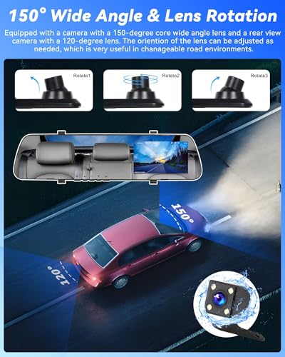 4 inch Mirror Dash Cam,1080P Rear View Mirror Camera for Cars,Dual Dash Cameras Front and Rear HD Night Vision,24H Parking Monitoring,Loop Recording, Motion Detection,Reversing Assistance,32GB TF Card