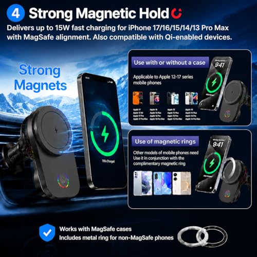 Wireless Car Charger Mount, 15W Fast Charging MagSafe Phone Holder with Cooling Fan, Auto 90° Rotation, Vent & Dashboard Mount for iPhone 17/16/15 Pro Max, Samsung S25/S24