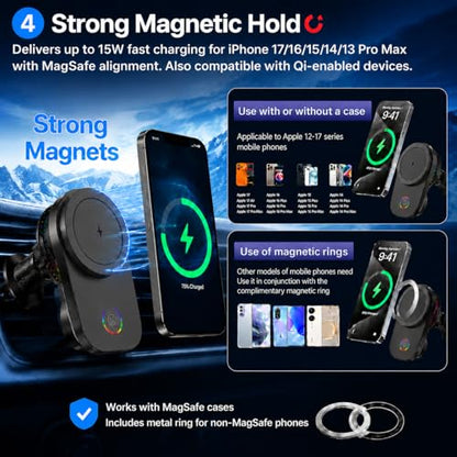 Wireless Car Charger Mount, 15W Fast Charging MagSafe Phone Holder with Cooling Fan, Auto 90° Rotation, Vent & Dashboard Mount for iPhone 17/16/15 Pro Max, Samsung S25/S24