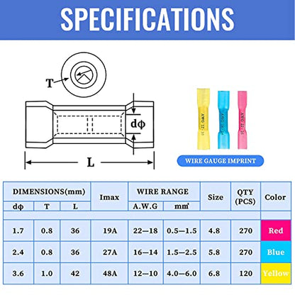 660 PCS Heat Shrink Butt Connectors Qibaok Crimp Electrical Wire Connector Waterproof Insulated Butt Splice Terminal for Automotive Marine Boat Truck Trailer Stereo
