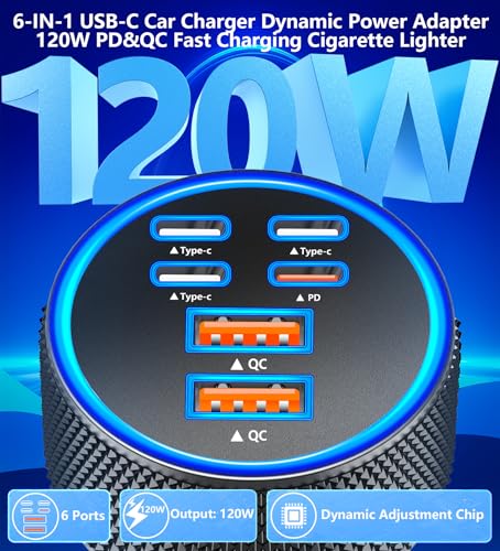 KYOHAYA USB C Car Charger, 120W 6Port USB-C & USB-A Power Car Phone Charger - color: Velvet Black