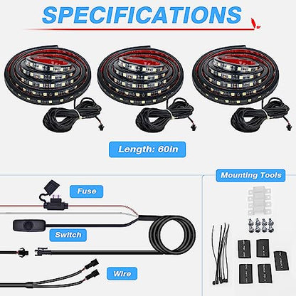 MICTUNING 3Pcs 60 Inch Truck Bed Lights - White Waterproof LED Light Strip with On-Off Switch Fuse Splitter Cable Compatible for Truck Jxxp Pickup RV SUV Vans Cargo Boats and More - size: 3Pcs 60" White