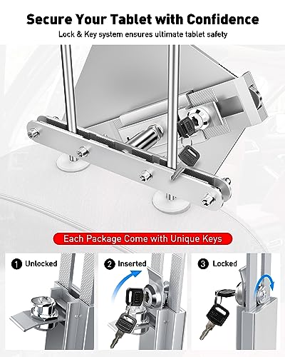 AboveTEK Tablet Holder for Car Headrest- Anti-Theft iPad Car Holder Back Seat, Secure Locking System with 360° Swivel, Universal for 4-11" Tablets, Durable Aluminum Mount for Travel & Business, Silver - color: Silver