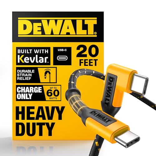 DEWALT Heavy Duty Extra Long USB C Cable (20 ft/6M), Fast 60W Type C Charging Cable, 90Degree Connector TypeC Charger Cord for Oculus Quest, PS5 Controller, Samsung Galaxy, Z Fold/Flip (Charge Only) - size: 20FT