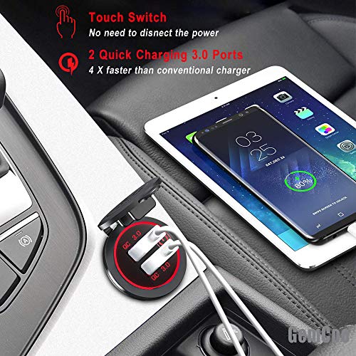 Quick Charge 3.0 Dual USB Car Charger Socket with Touch Switch 12V/24V 36W QC3.0 Dual USB Fast Charger Socket Power Outlet for Marine, Boat, Motorcycle, Truck, Golf Cart(Red) - color: Red